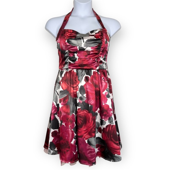 Ruby Rox Formal Floral Fit & Flare Halter Mini Dress Cream Red Gray Size 13 - Picture 1 of 12